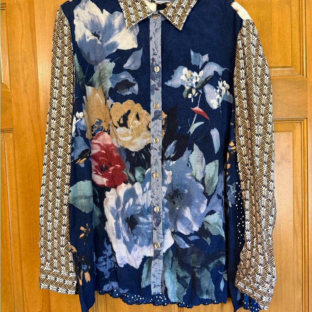 John Mark Navy, Cream & Brown Floral Blouse